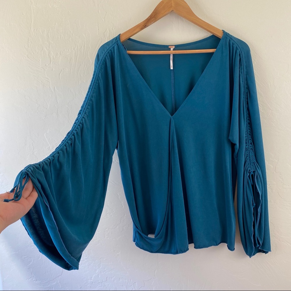 Free People Teal V-Neck Wide Sleeve Sling Top A2